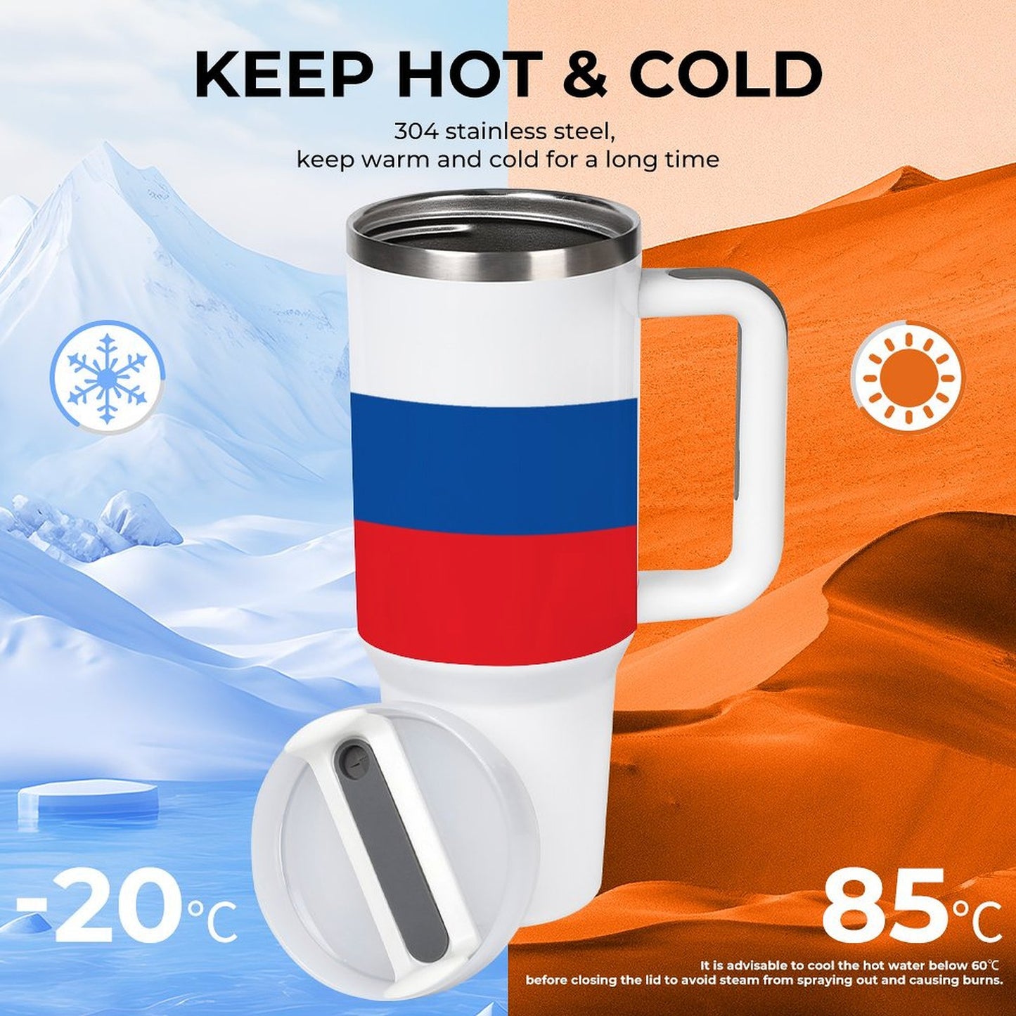 [Brand] insulated mug with handle, Russian flag design, temperature indicators.