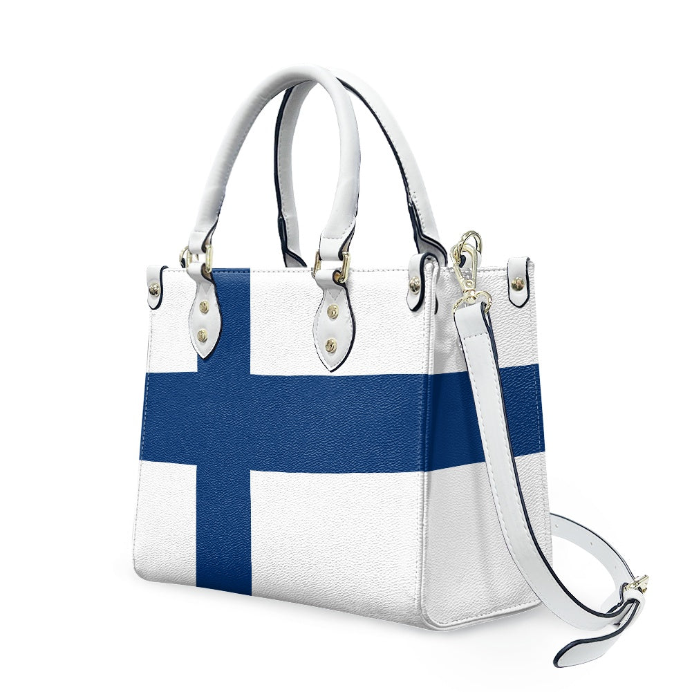 White handbag with blue cross design, detachable strap, [Brand].