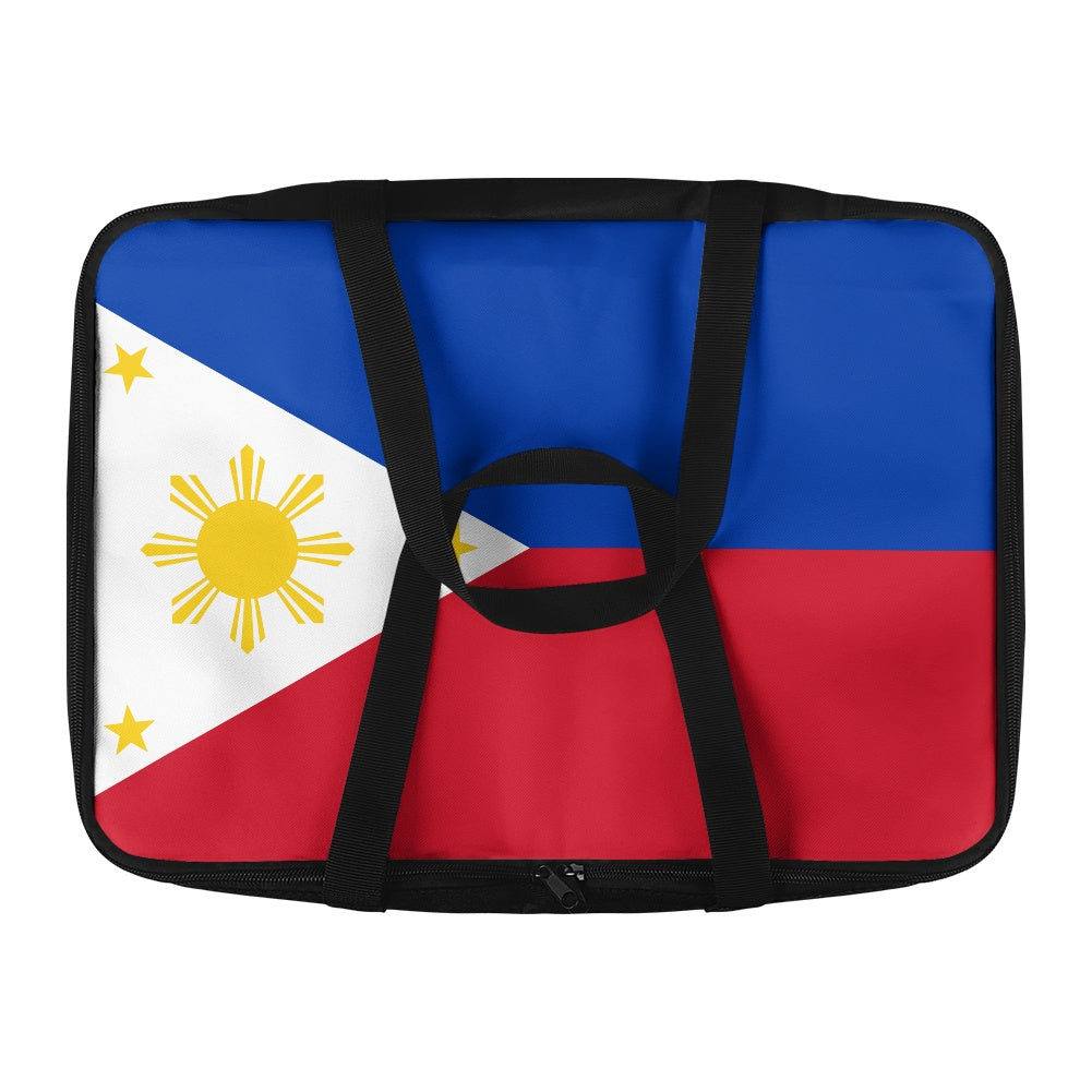 [Brand] bag with Philippine flag design, black handles, colorful motif.
