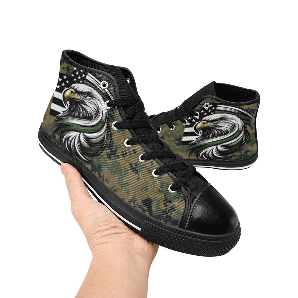Thin Green Line Flag Inspired Eagle on Digital Camo Kid's High Top Canvas Shoes