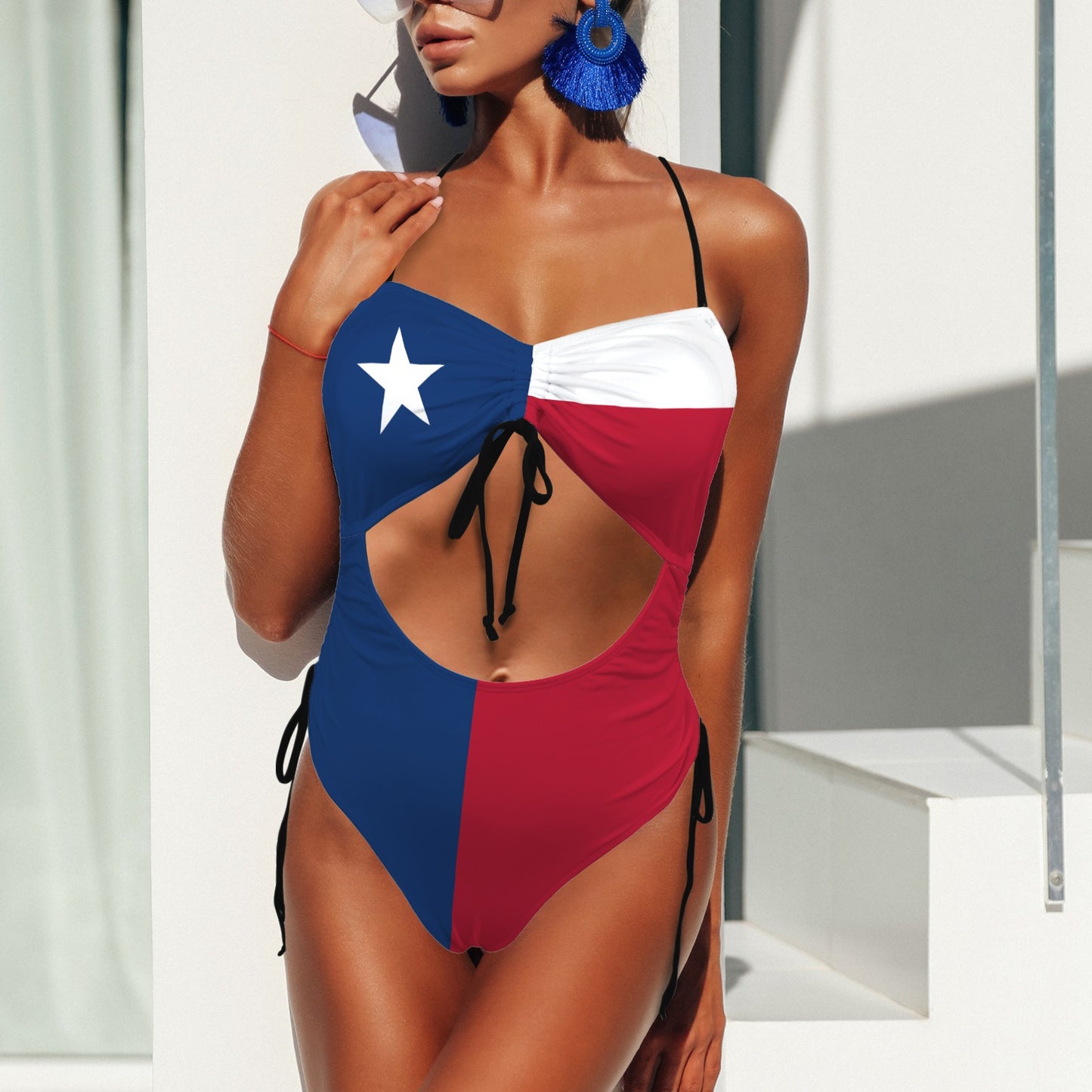 Texas Flag Inspired Women's Drawstring Cutout One Piece Swimsuit