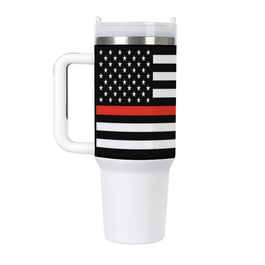 [Brand] travel mug with American flag and red stripe.