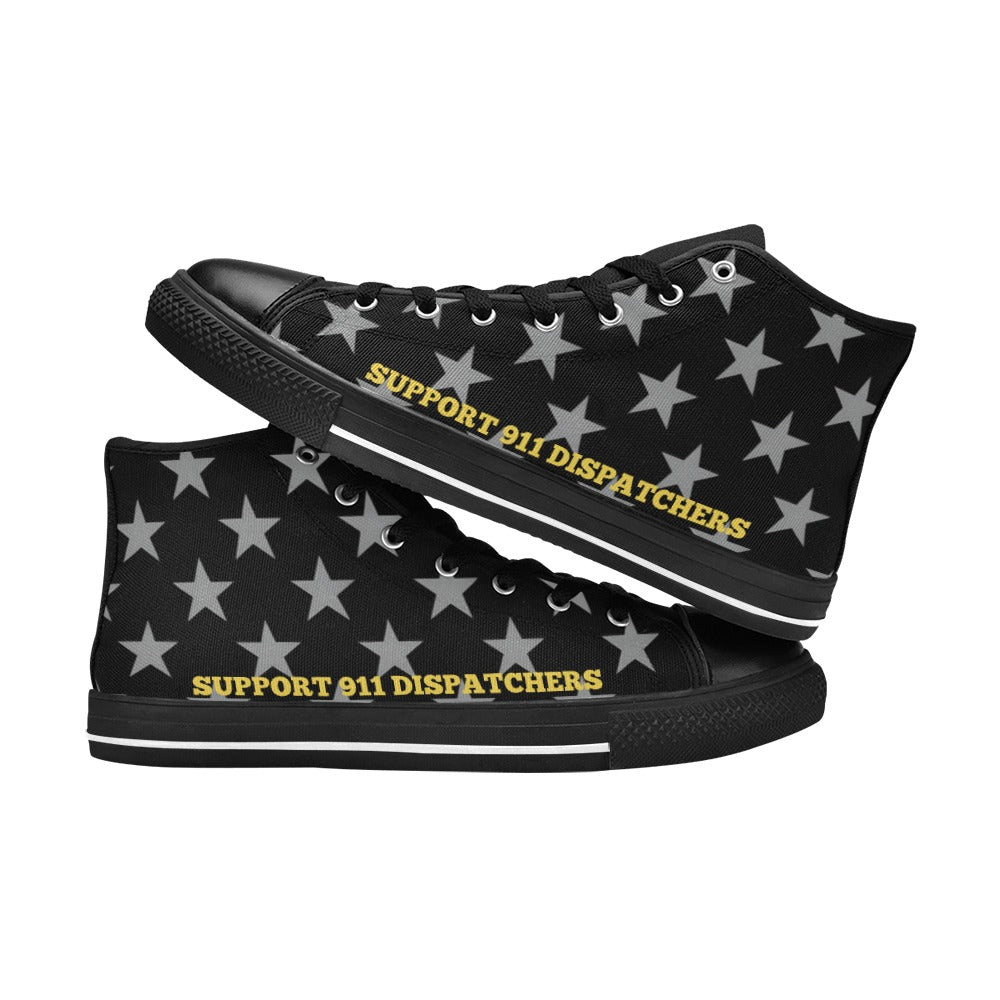 Thin Gold Line Flag Inspired "SUPPORT 911 DISPATCHERS" Kid's High Top Canvas Shoes
