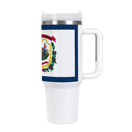 White travel mug featuring [Brand] design with West Virginia emblem.