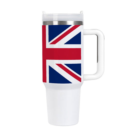 [Brand] travel mug with Union Jack flag design.