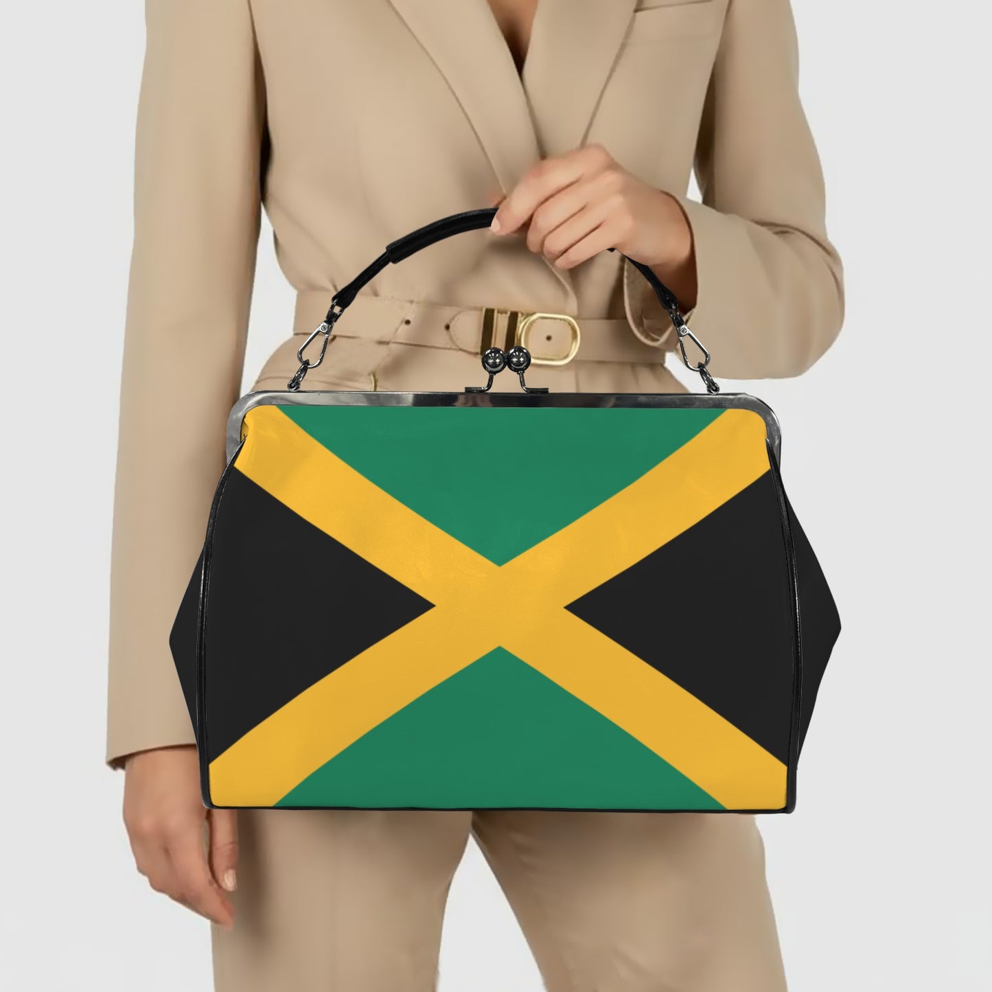 Jamaica Flag Inspired Kisslock Crossbody Shoulder Bag-Large