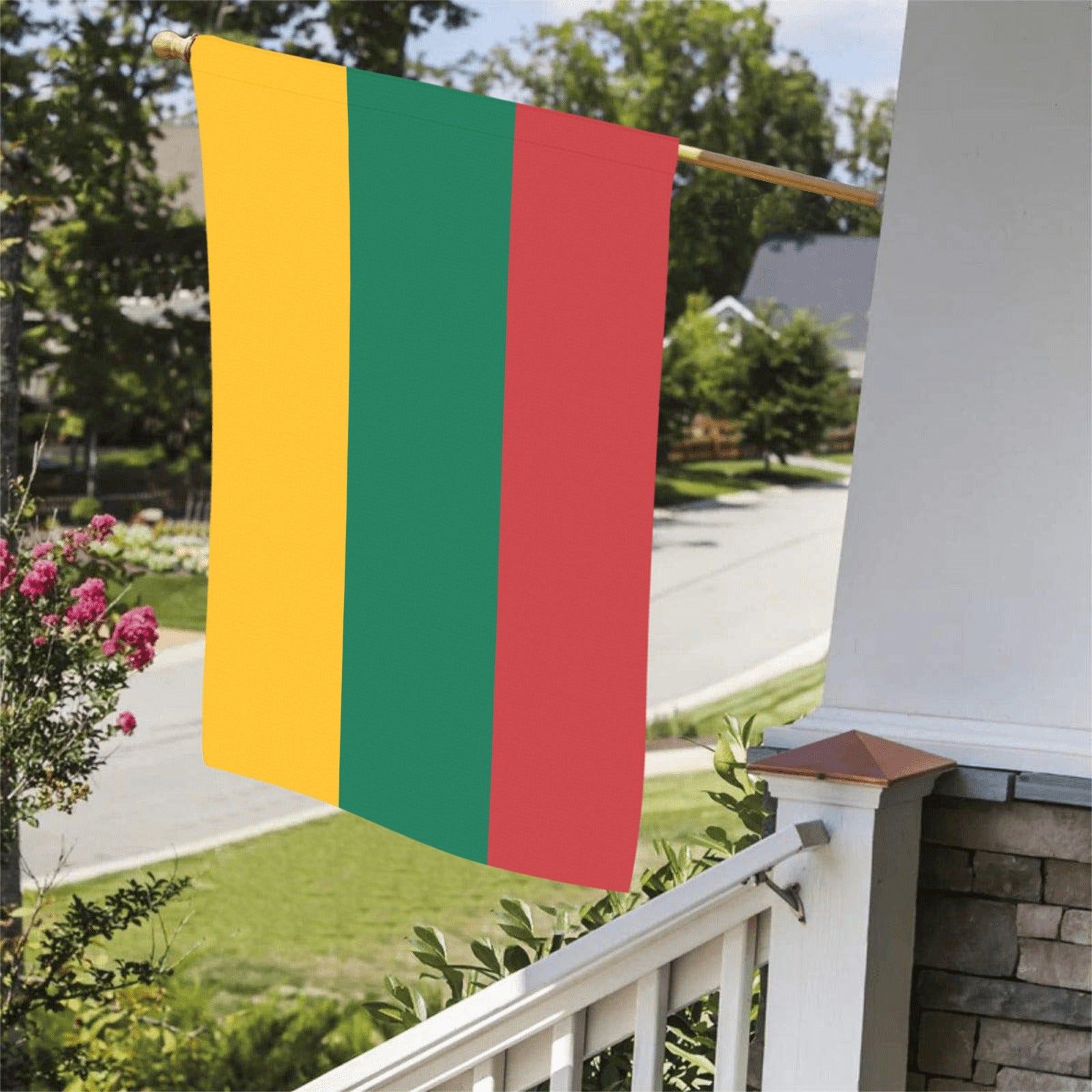 Luv My Flag tricolor flag on suburban porch railing.