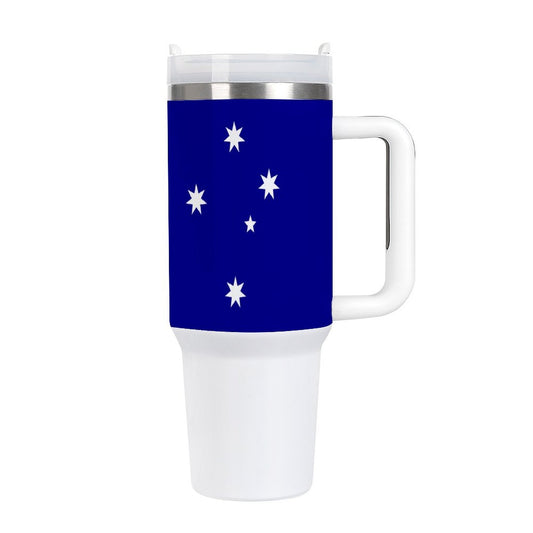 White travel mug, blue flag design with stars, [Brand].