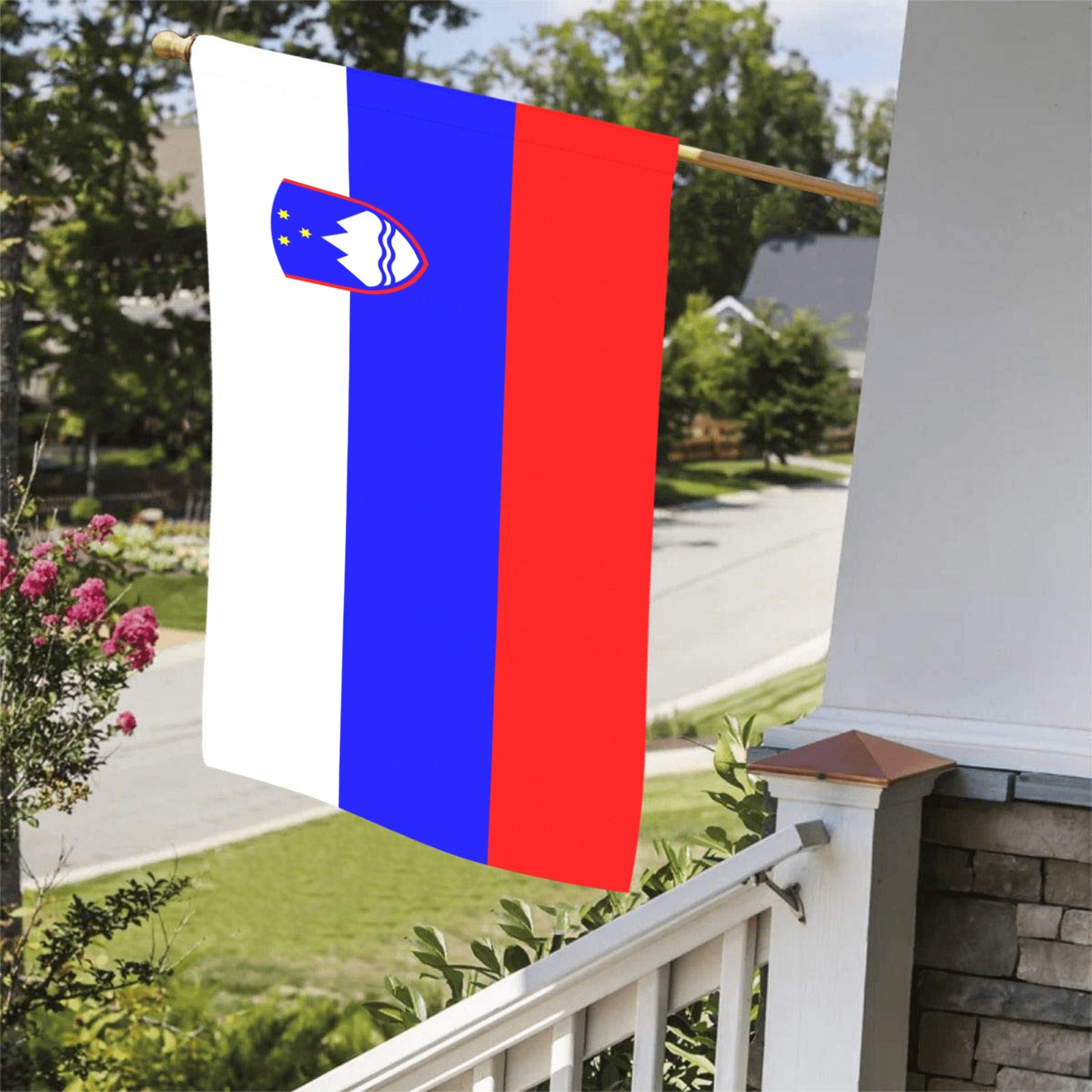 [Luv My Flag] Slovenian flag displayed on porch railing.