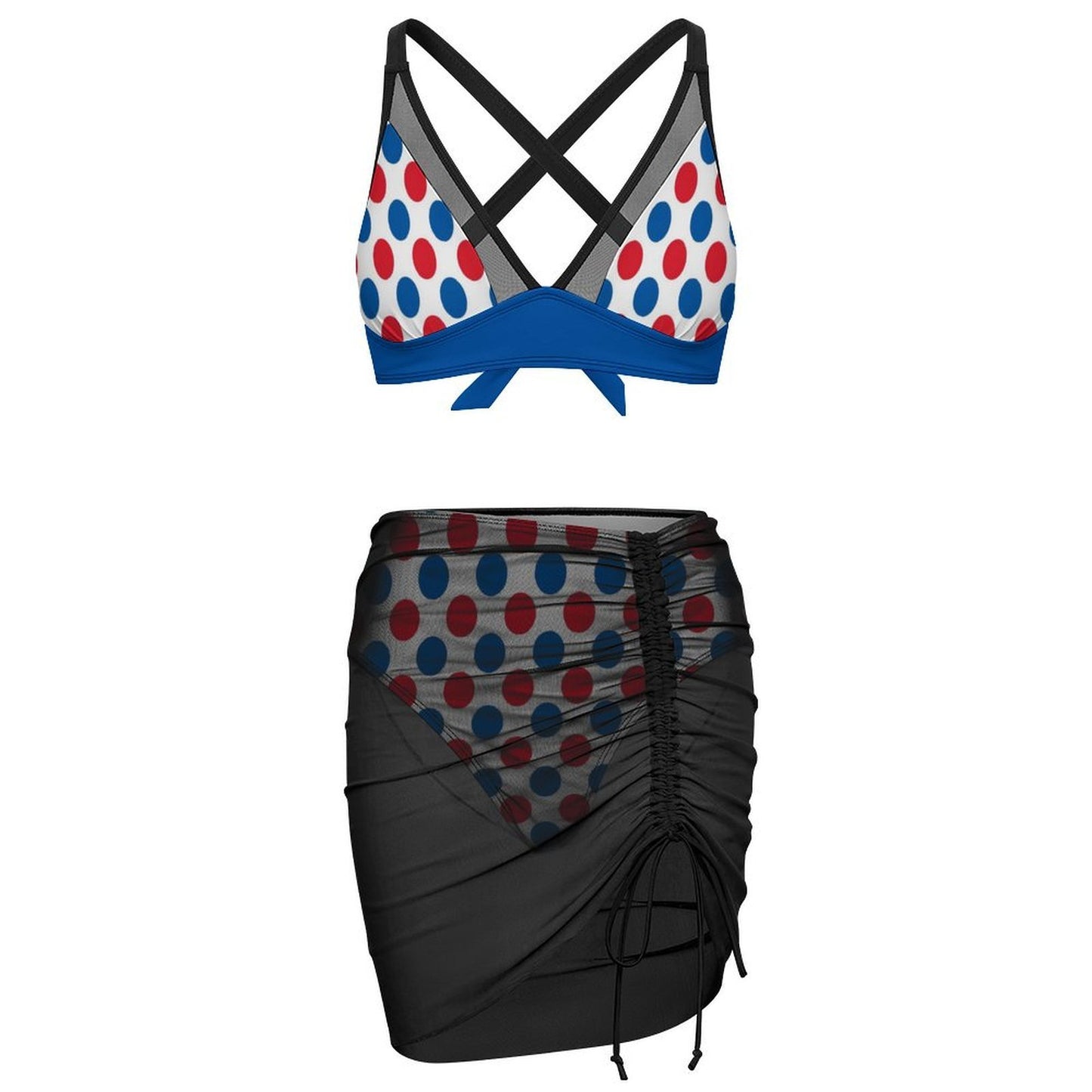 USA/American Flag Inspired Polka Dot Pattern Women's Mesh Drawstring Skirt and Swimsuit Set
