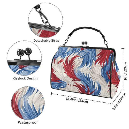 USA/American Flag Inspired Feather Pattern Kisslock Crossbody Shoulder Bag-Large