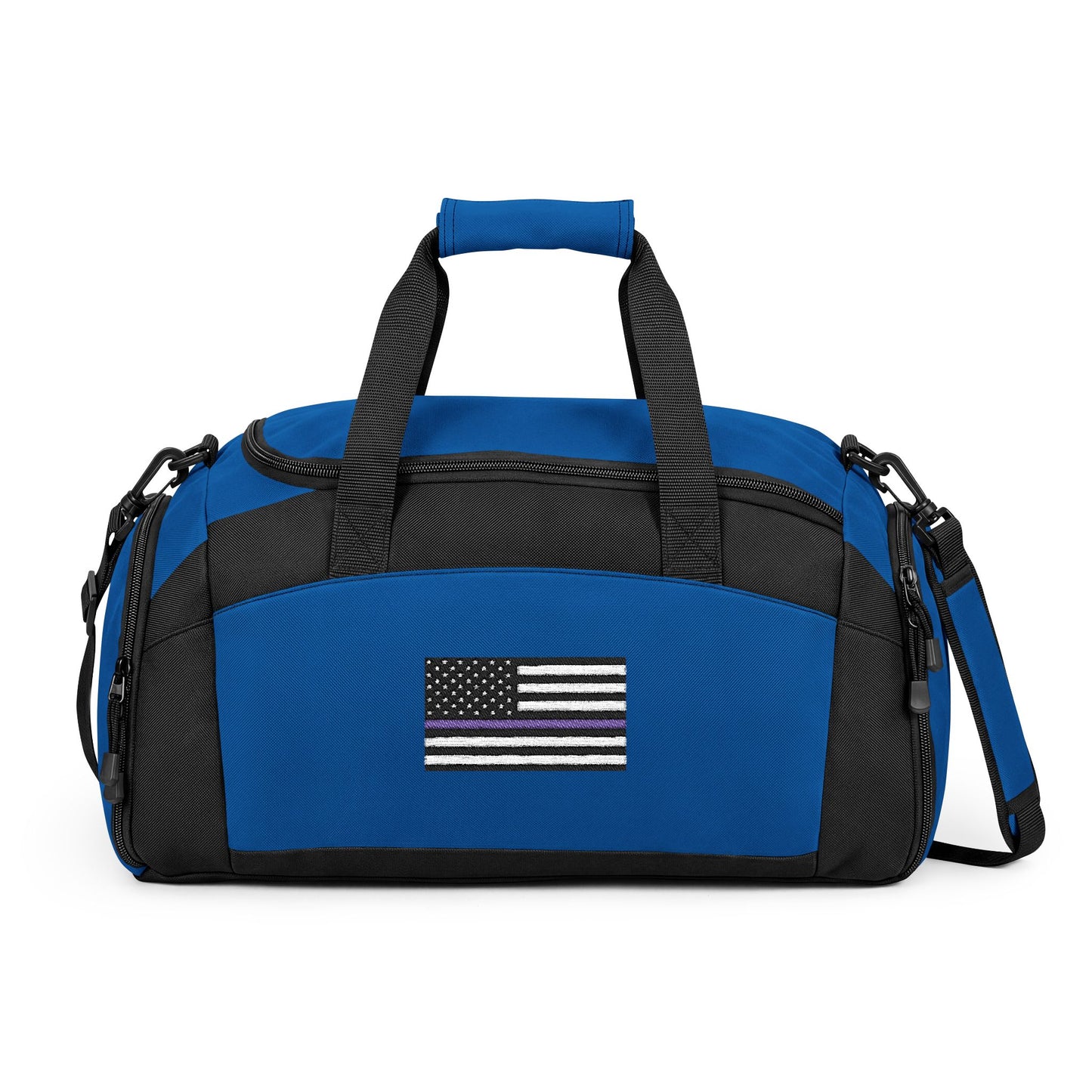 Thin Blue Line Flag Gym Bag — Black Duffle with Embroidered Thin Blue Line Flag