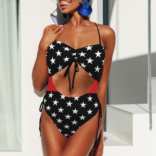 Thin Red Line Flag Inspired Women's Drawstring Cutout One Piece Swimsuit