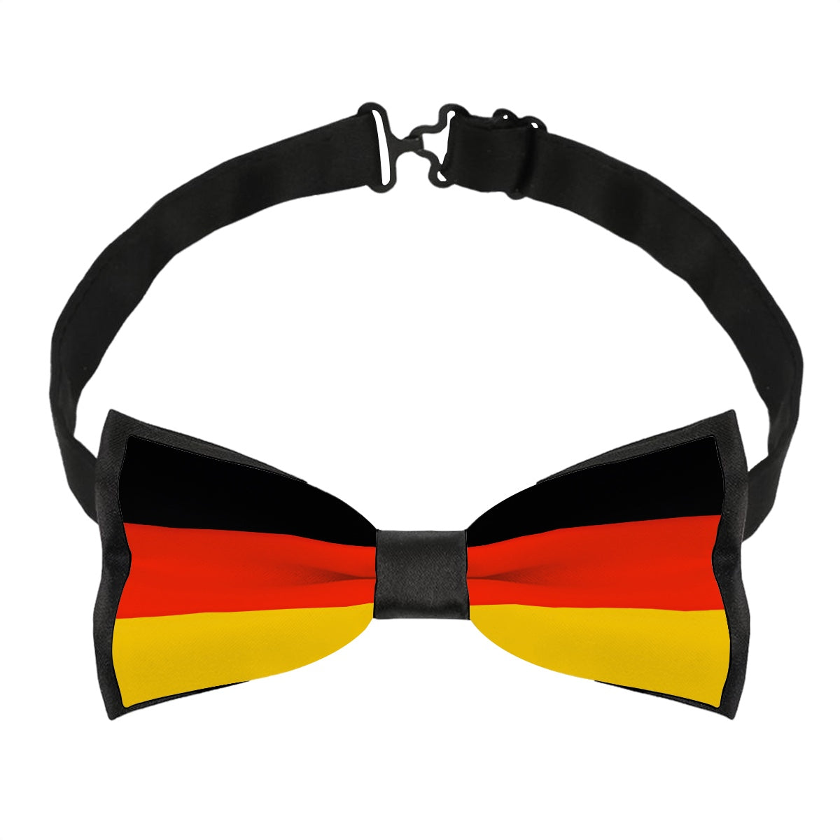 [Brand] black, red, yellow bow tie with adjustable strap.