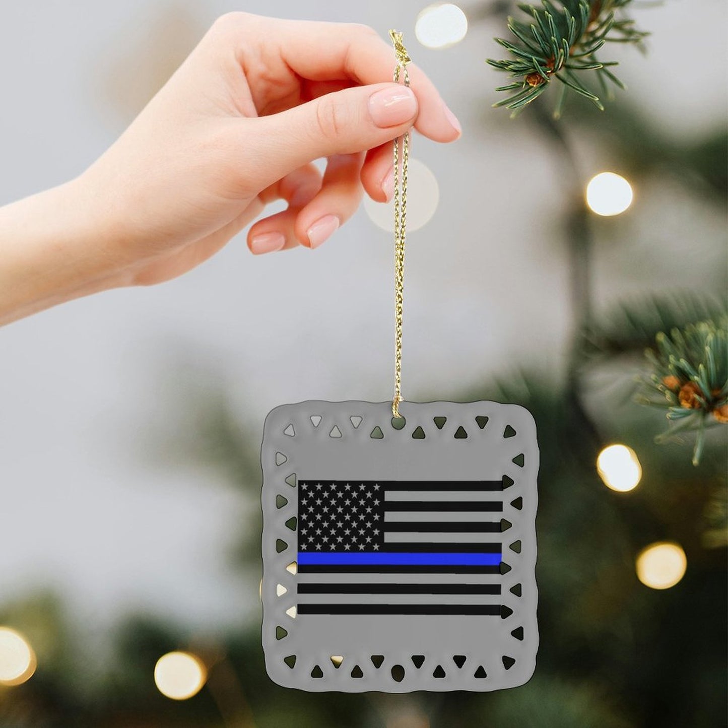 Thin Blue Line Flag Inspired (Subdued) Square Ceramic Ornament (Made in the USA)