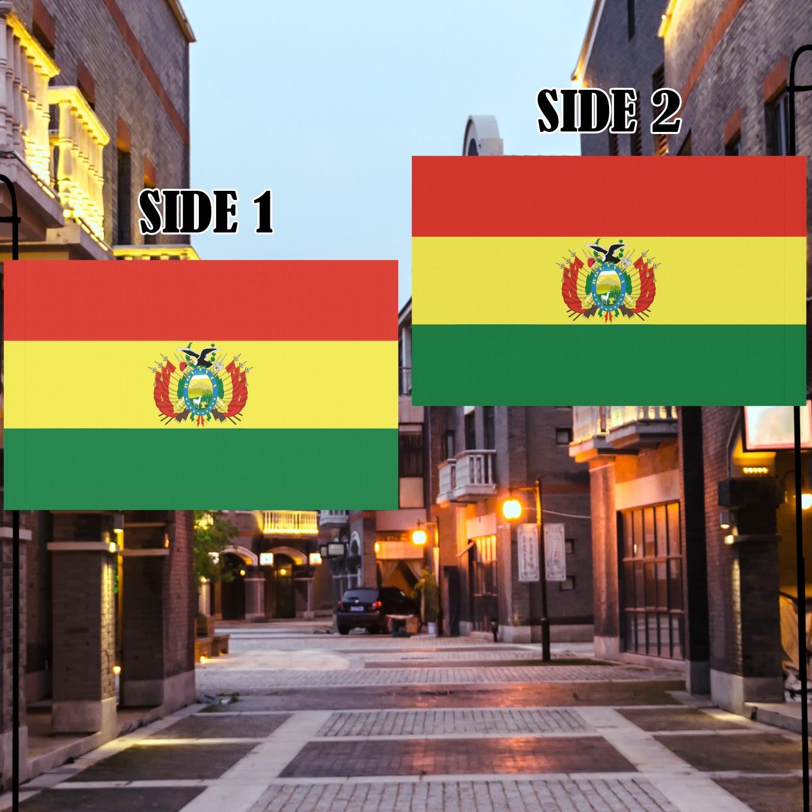 Luv My Flag Bolivia flags displayed on quiet urban street.