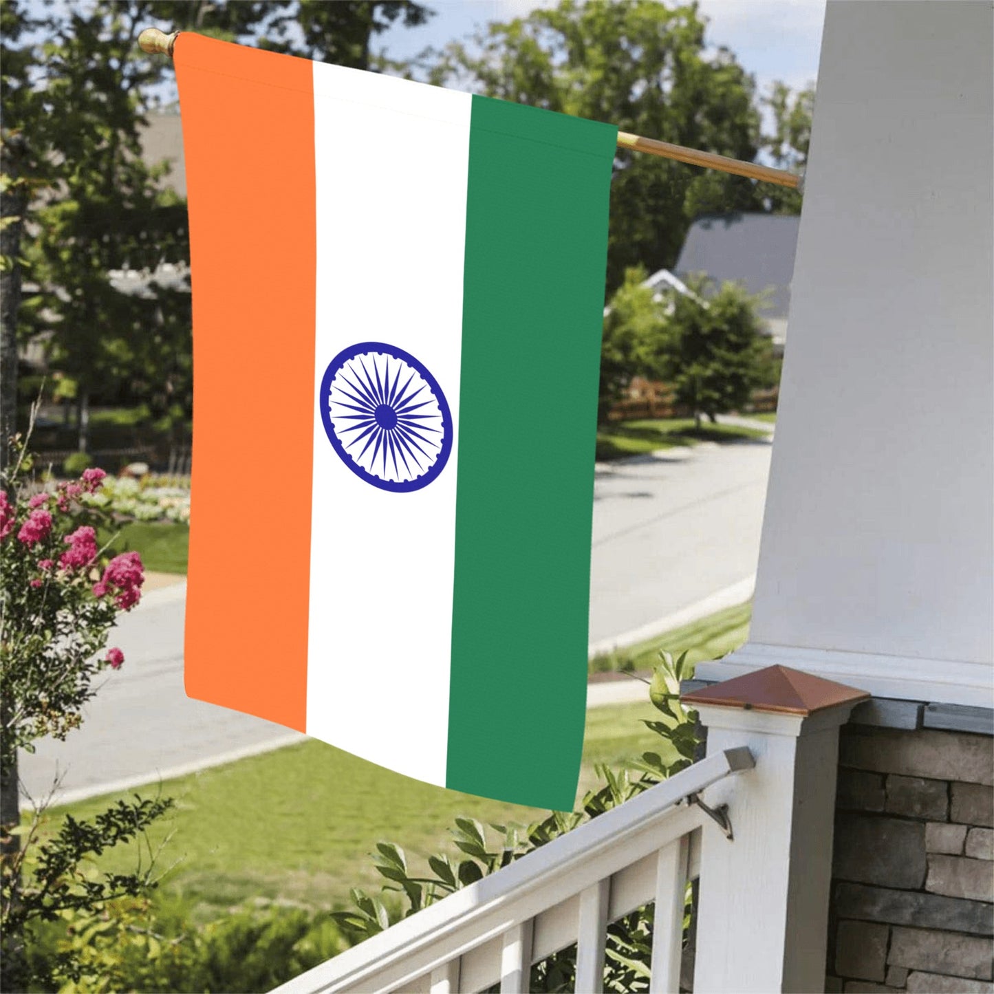 Luv My Flag's Indian flag displayed on a porch.