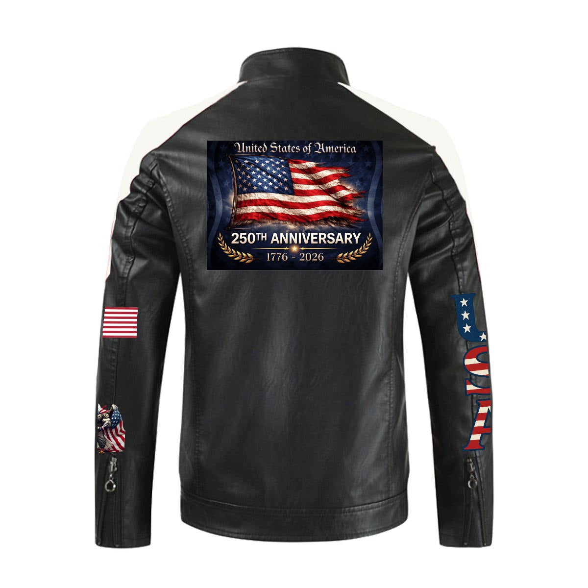 250th Anniversary of the USA Men's Stand-up Collar Block Slim-fit PU Leather Jacket