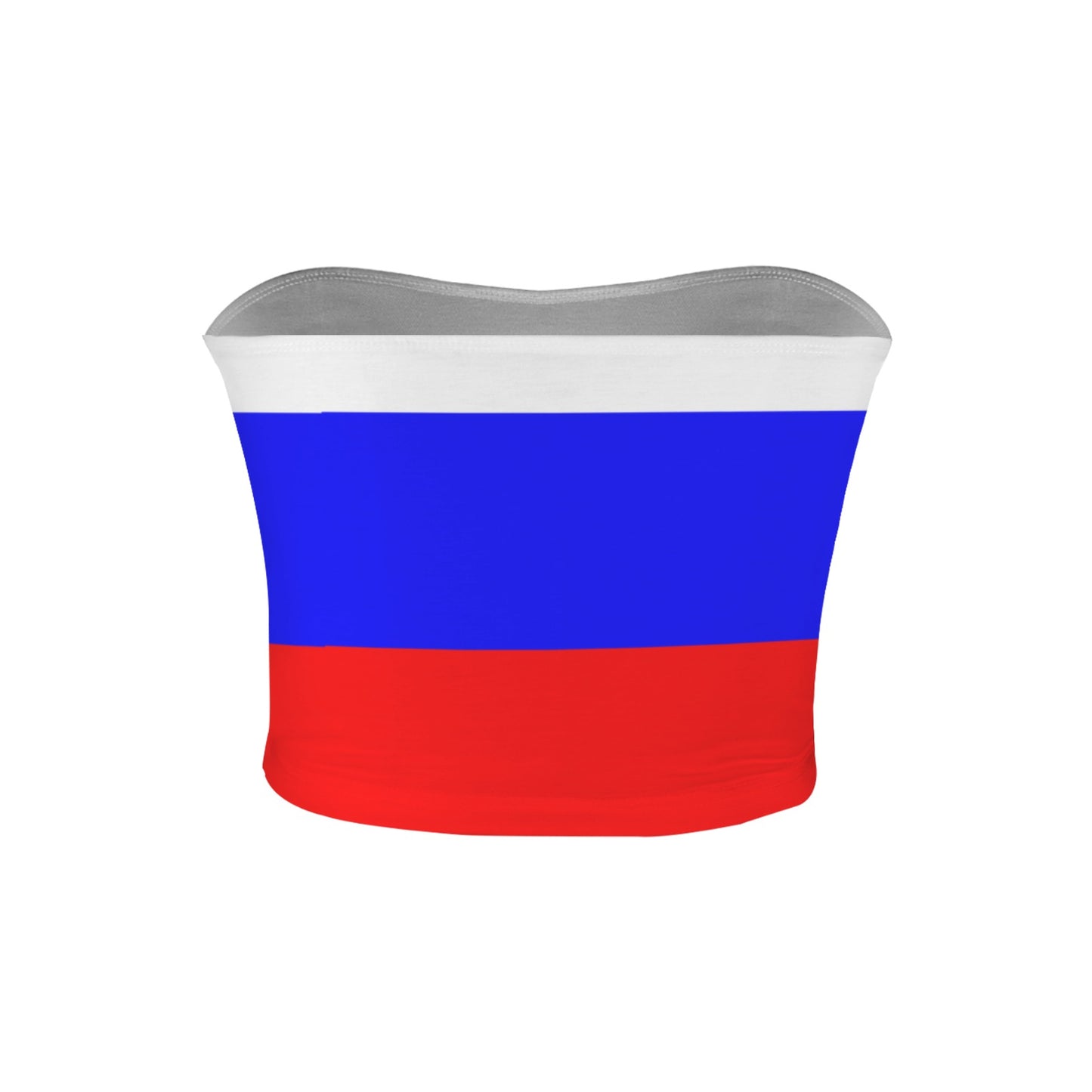 [Brand] tube top featuring the Russian flag's tricolor design.