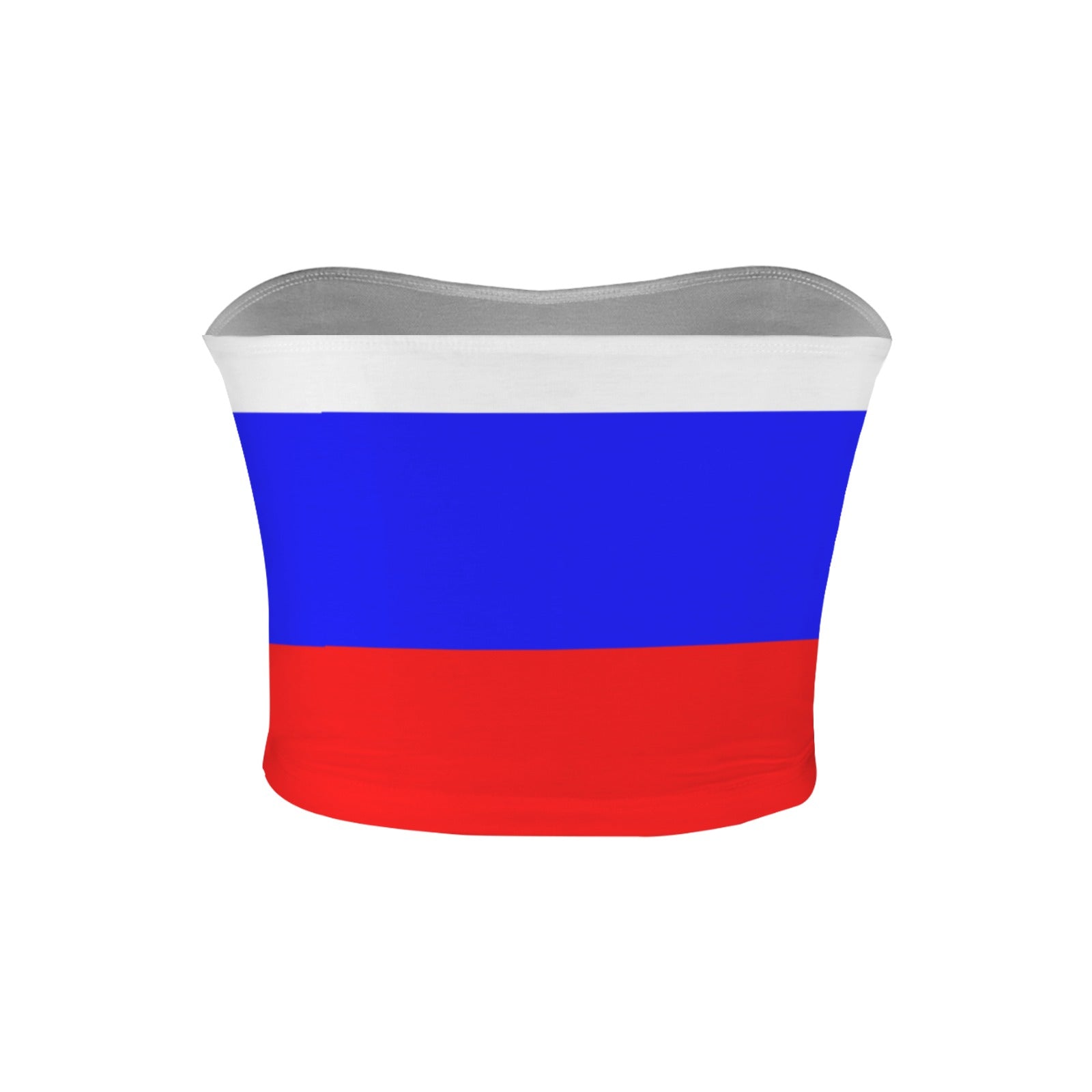 [Brand] tube top featuring the Russian flag's tricolor design.