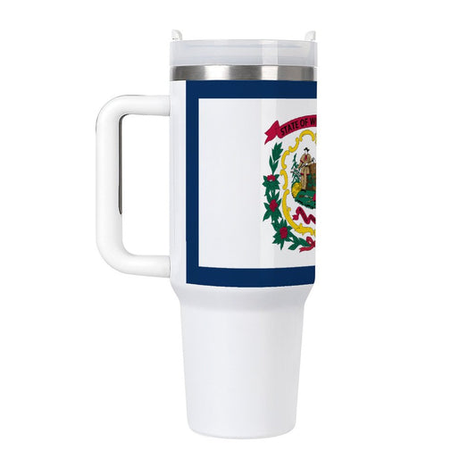 White travel mug with West Virginia flag design, [Brand].