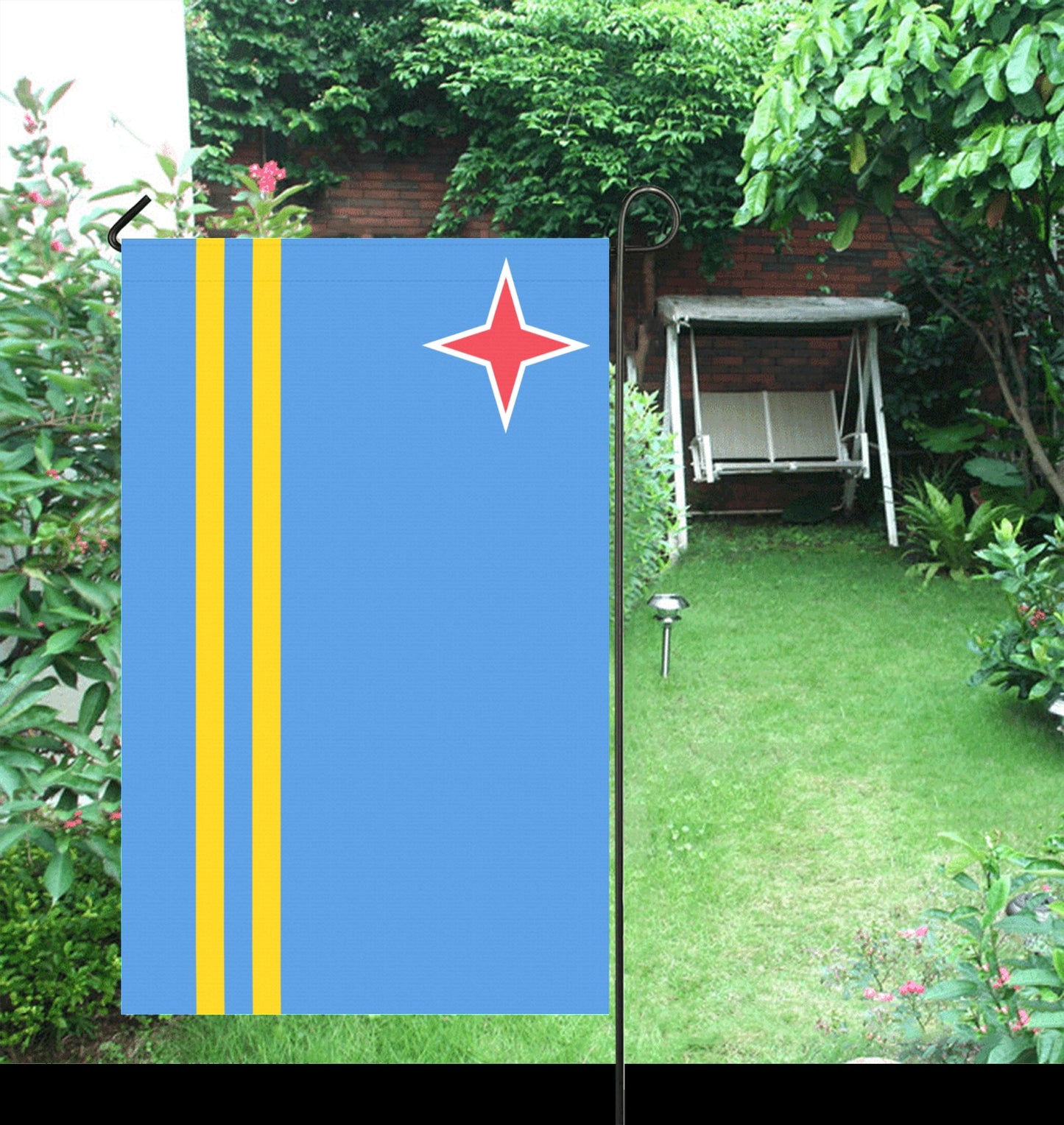 Garden with [Luv My Flag] blue flag displayed prominently.