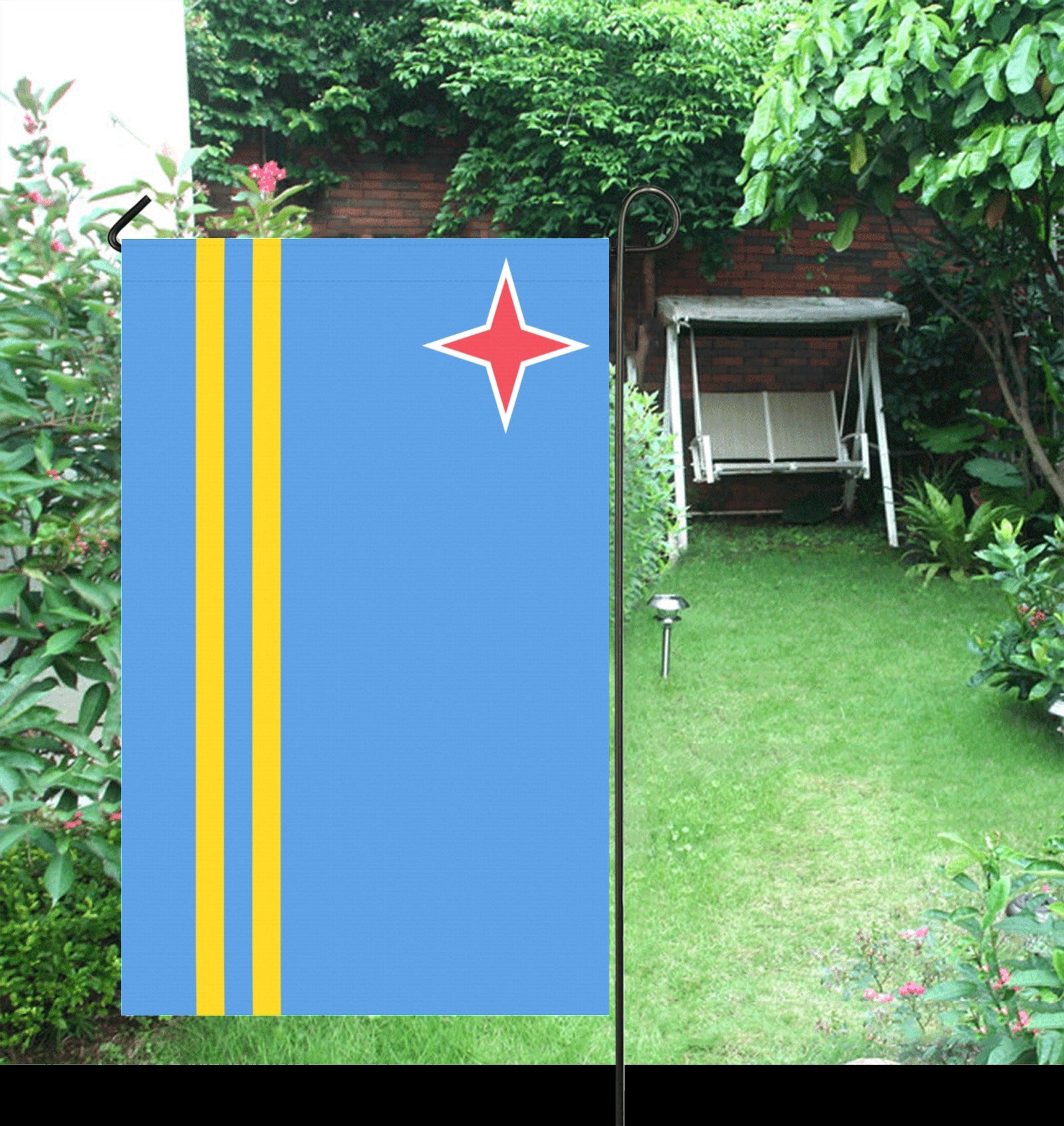 Garden with [Luv My Flag] blue flag displayed prominently.