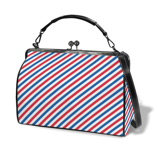 USA/American Flag Inspired Striped Pattern Kisslock Crossbody Shoulder Bag-Large