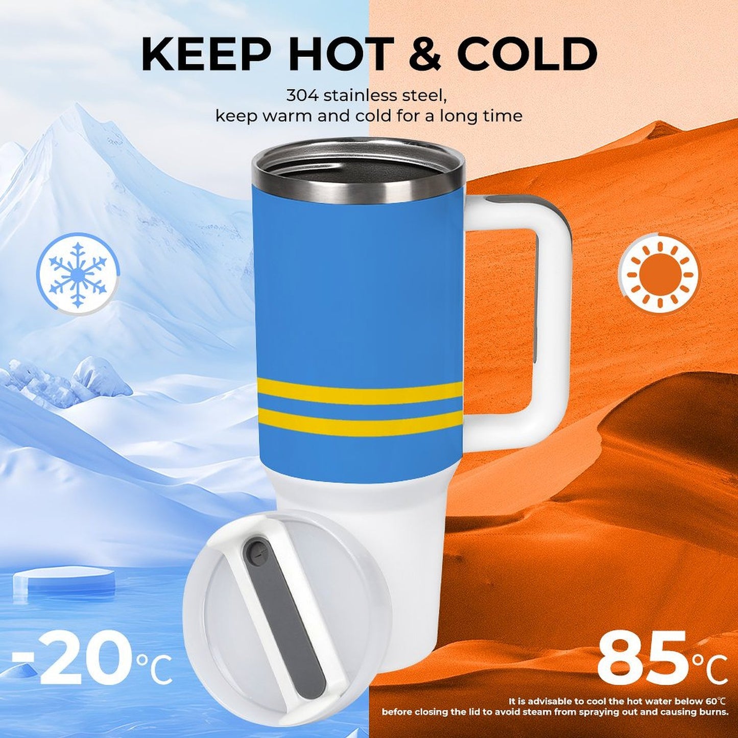 A [Brand] insulated mug, featuring blue and yellow design.
