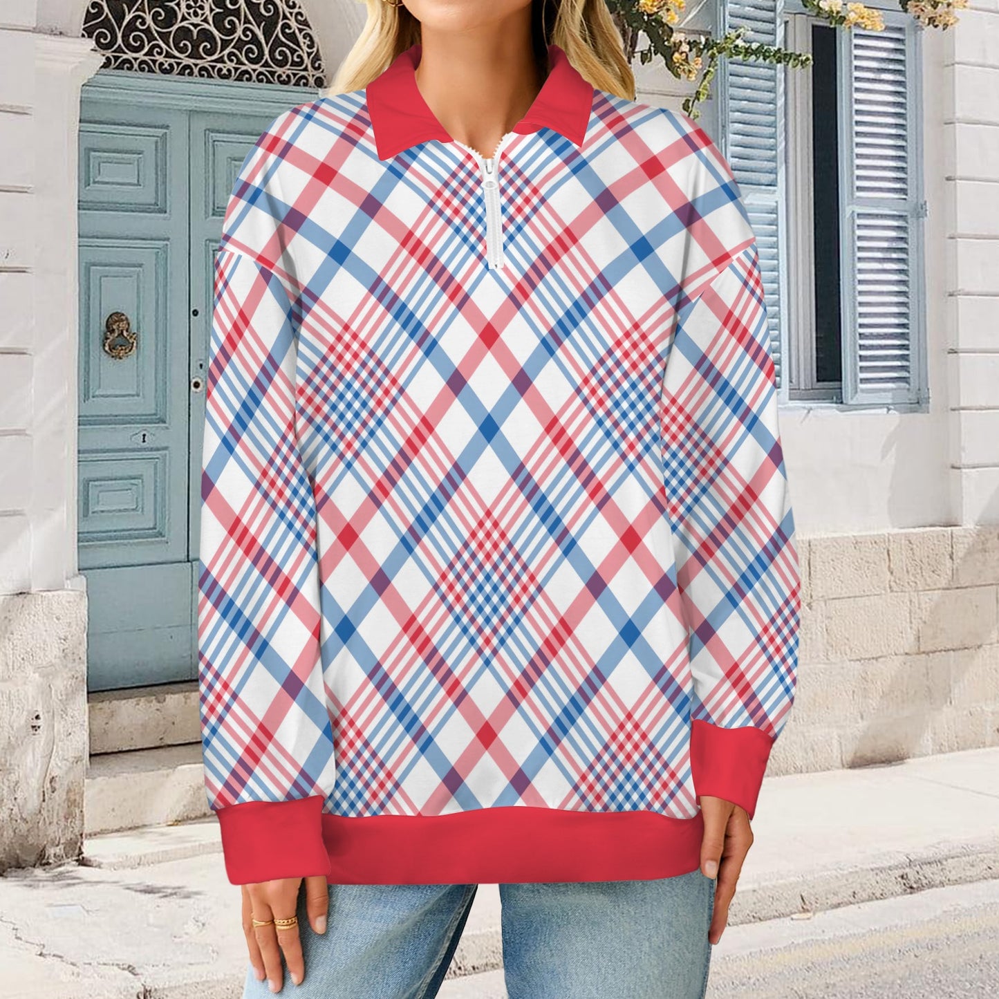 USA/American Flag Plaid Pattern Women's Quarter Zip Pullover Sweatshirt