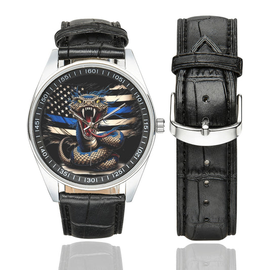 Thin Blue Line Flag Inspired Snake Men's Casual  Leather Strap Watch
