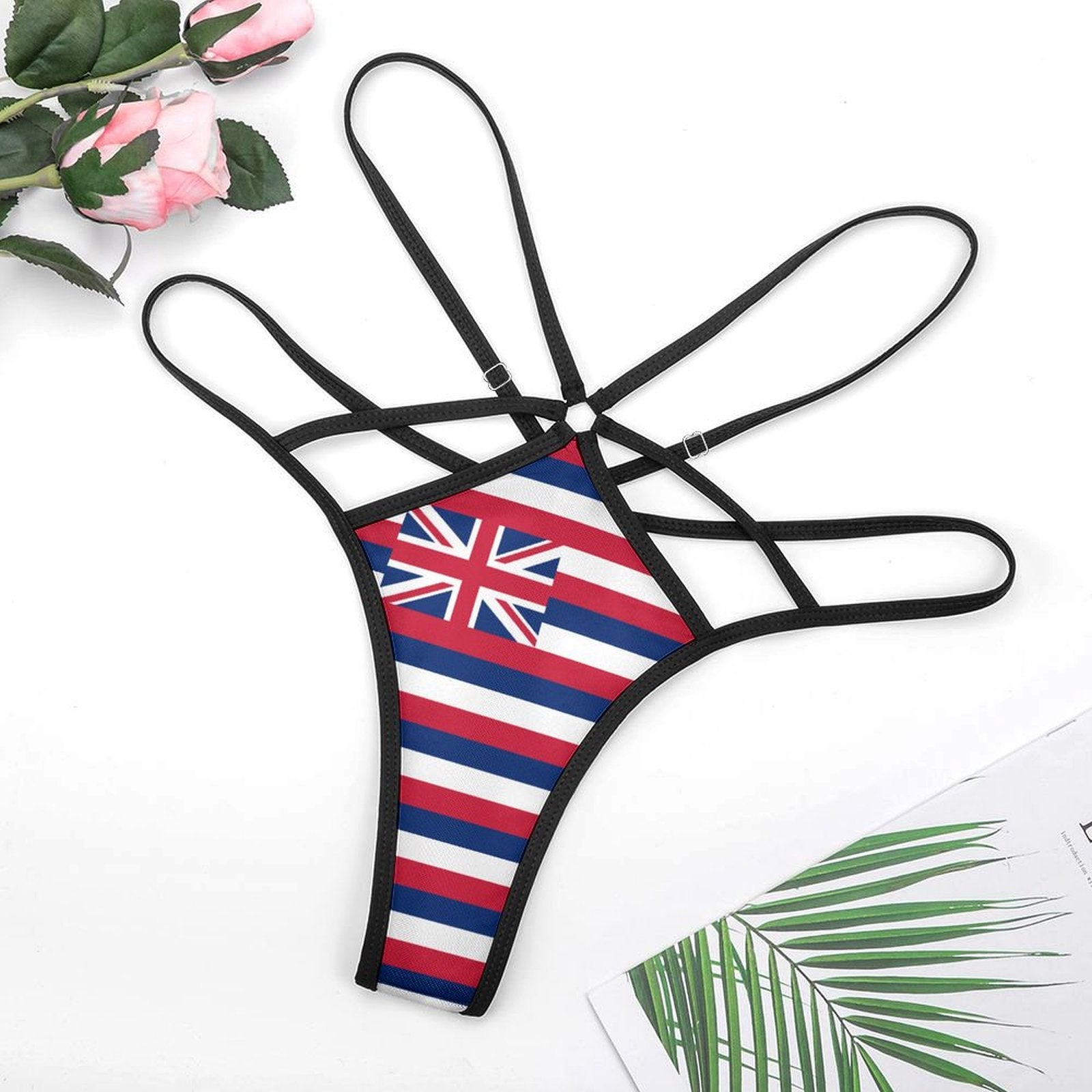 [Brand] patriotic striped bikini with floral background, ten straps.