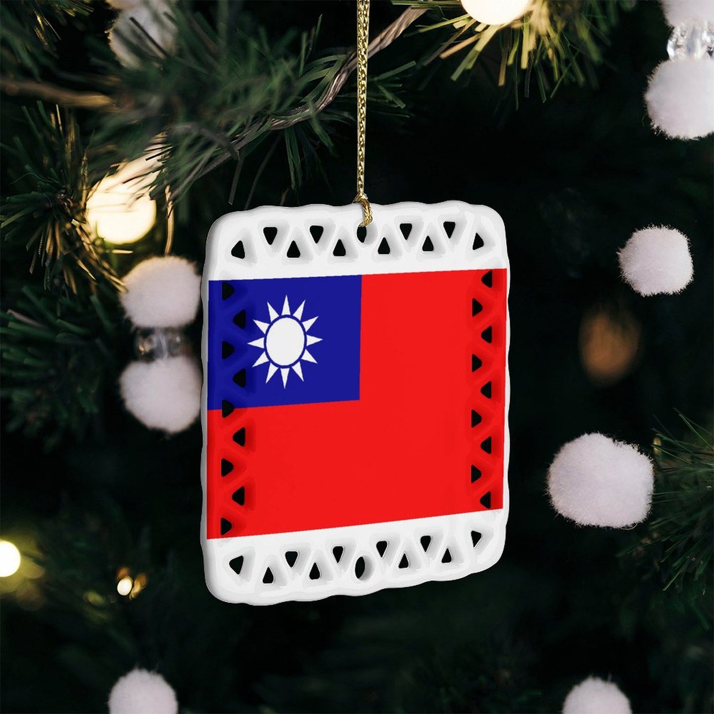 Taiwan Flag Inspired Square Ceramic Ornament Made in the USA