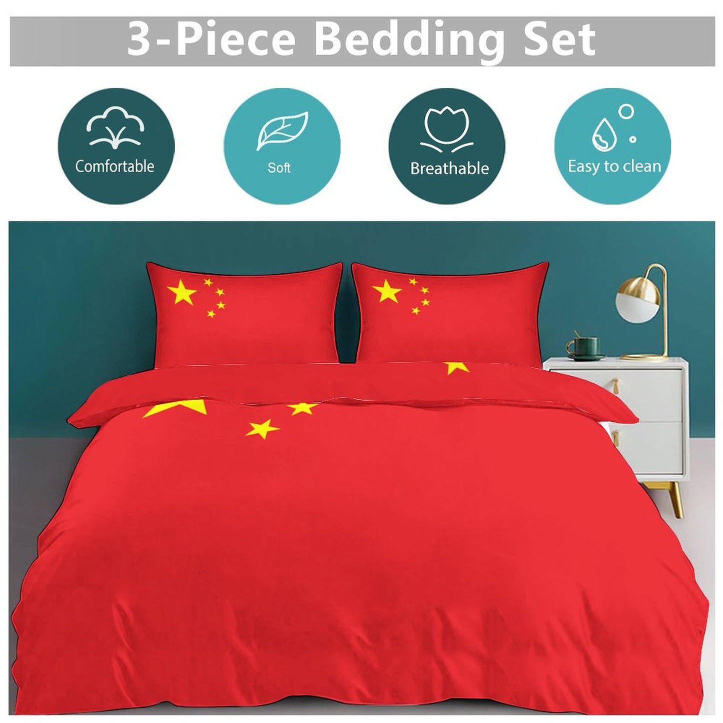 China Flag Inspired 3-Piece Bedding Set (1 Duvet Cover + 2 Pillow Shams) – 102"×90"