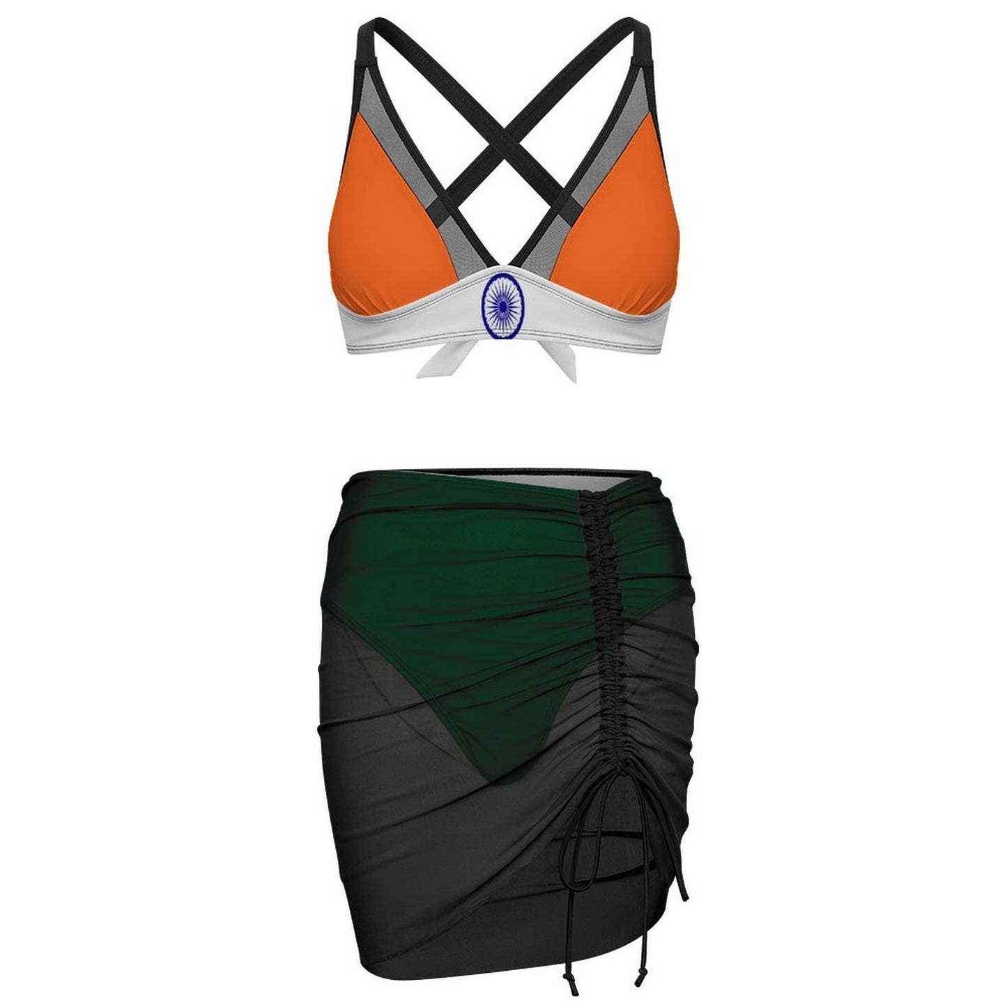 India Flag Inspired Women's Mesh Drawstring Skirt and Swimsuit Set