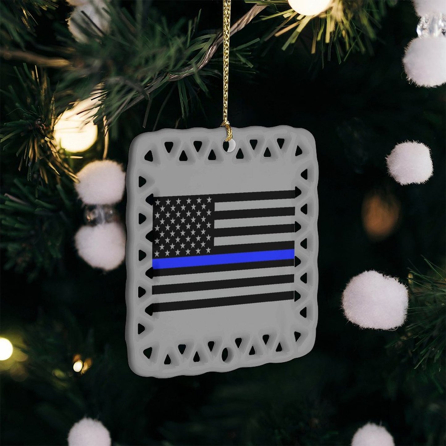 Thin Blue Line Flag Inspired (Subdued) Square Ceramic Ornament (Made in the USA)