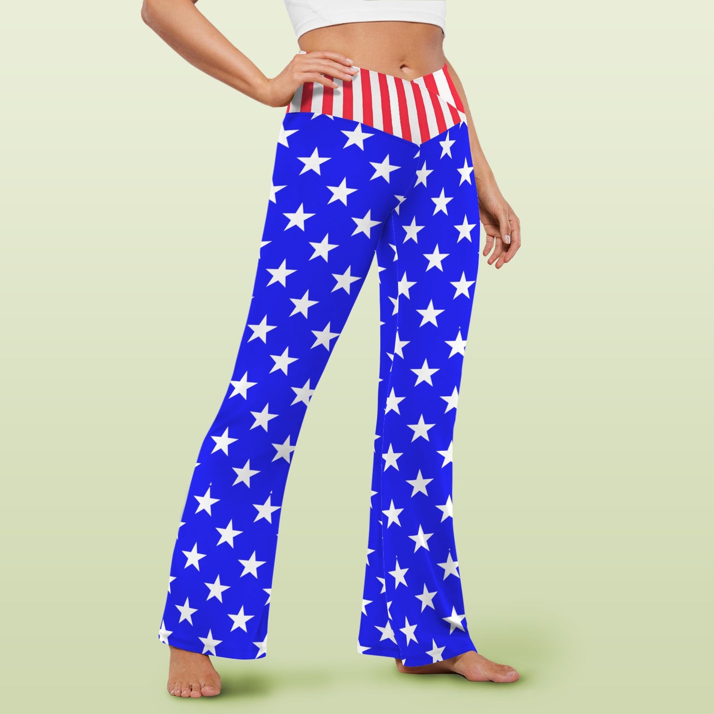 USA/American Flag Inspired Style-2 Women's V-Crossover High Waisted Flare Leggings