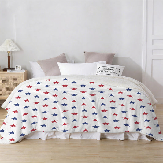 USA/American Flag Inspired Red & Blue Stars Pattern Sherpa Fleece Blanket 90" x 108" | Prtinted in the USA