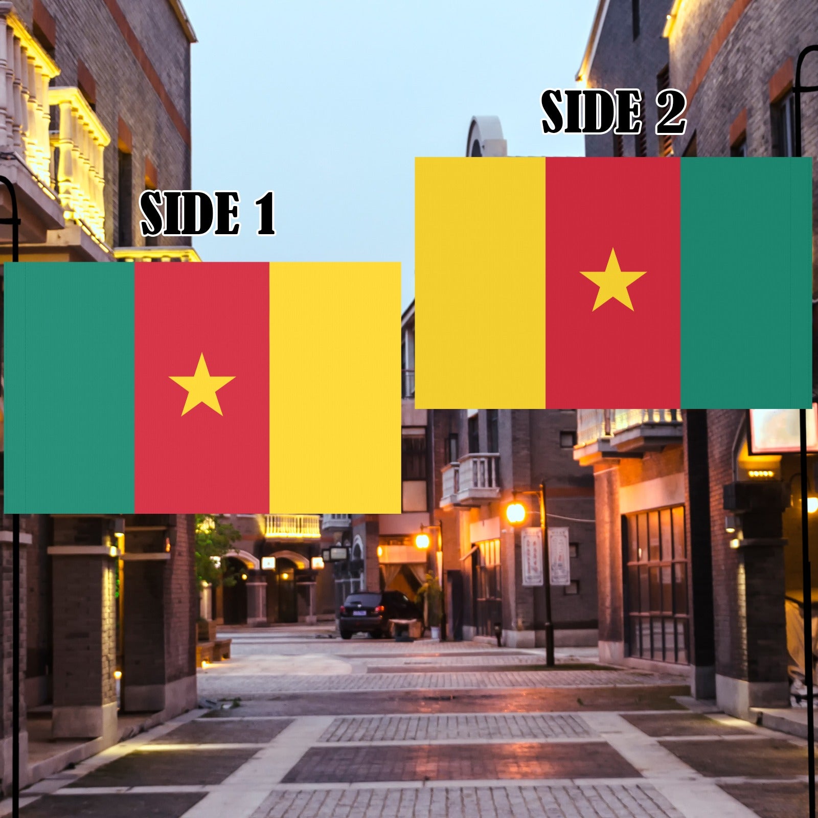 Luv My Flag's two-sided flag displayed in urban setting.