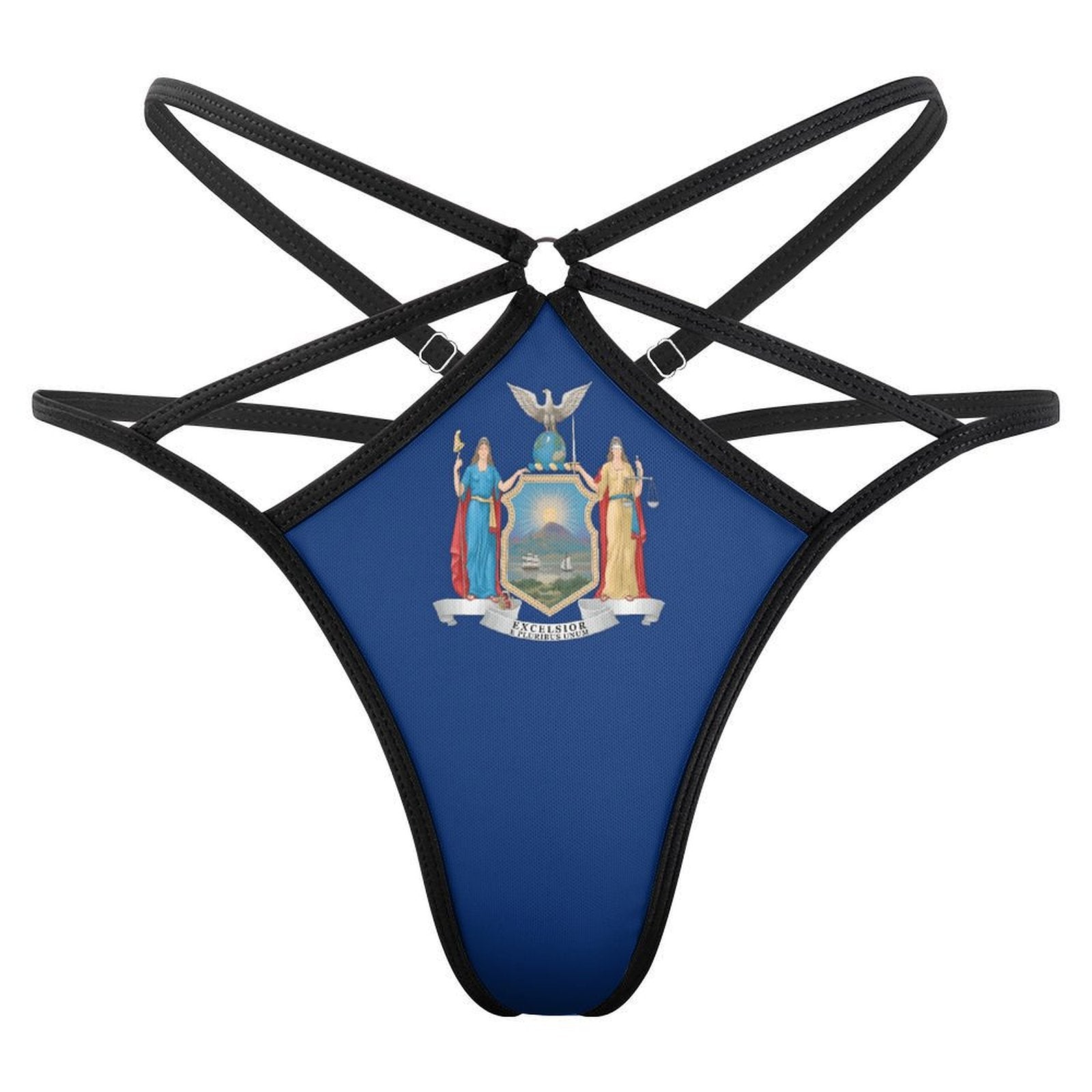 [Brand] blue harness lingerie featuring New York state emblem.