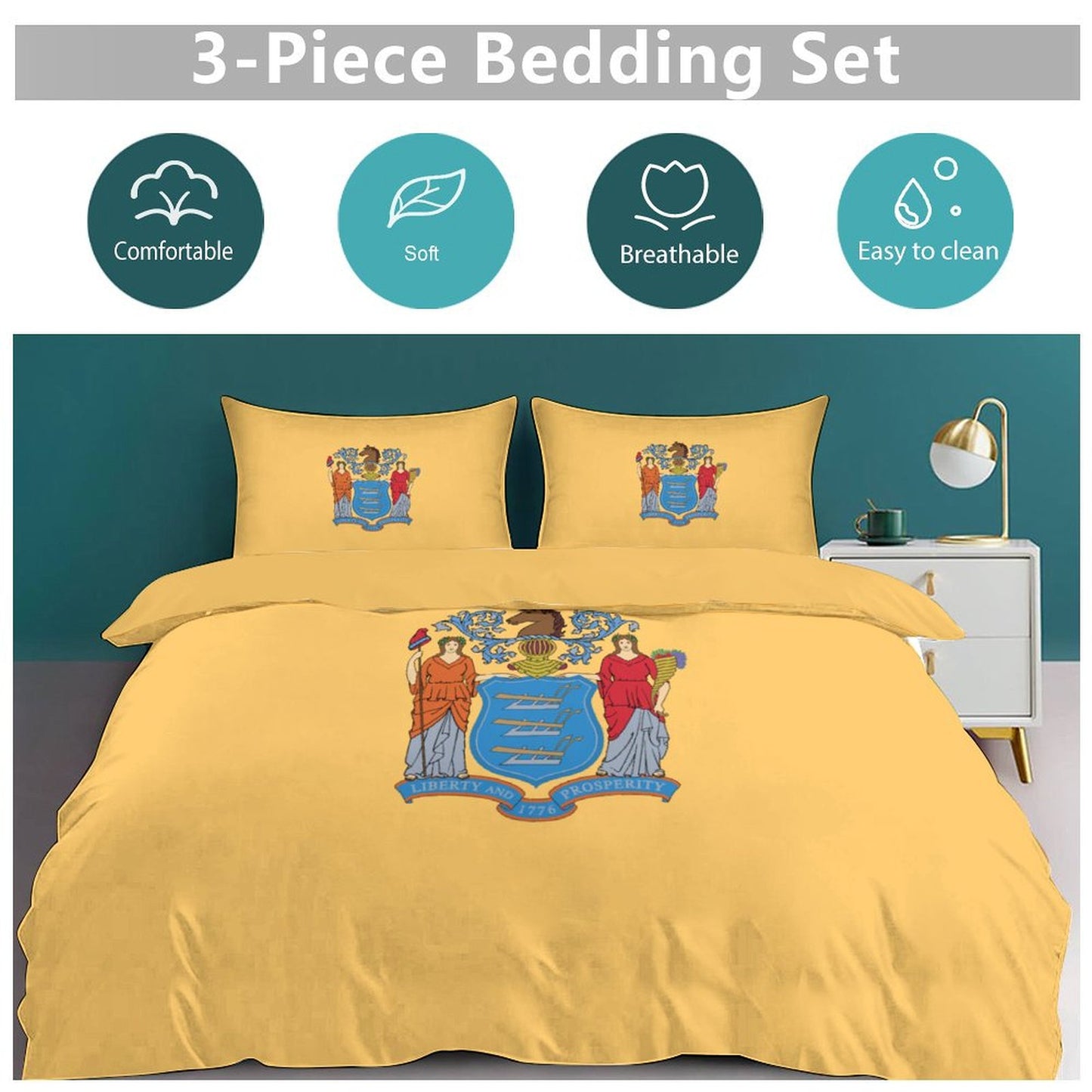 New Jersey Flag Inspired 3-Piece Bedding Set (1 Duvet Cover + 2 Pillow Shams) – 102"×90"