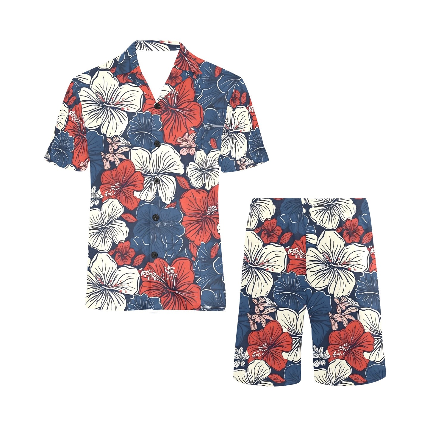 [Brand] floral set with red, blue, white hibiscus pattern.