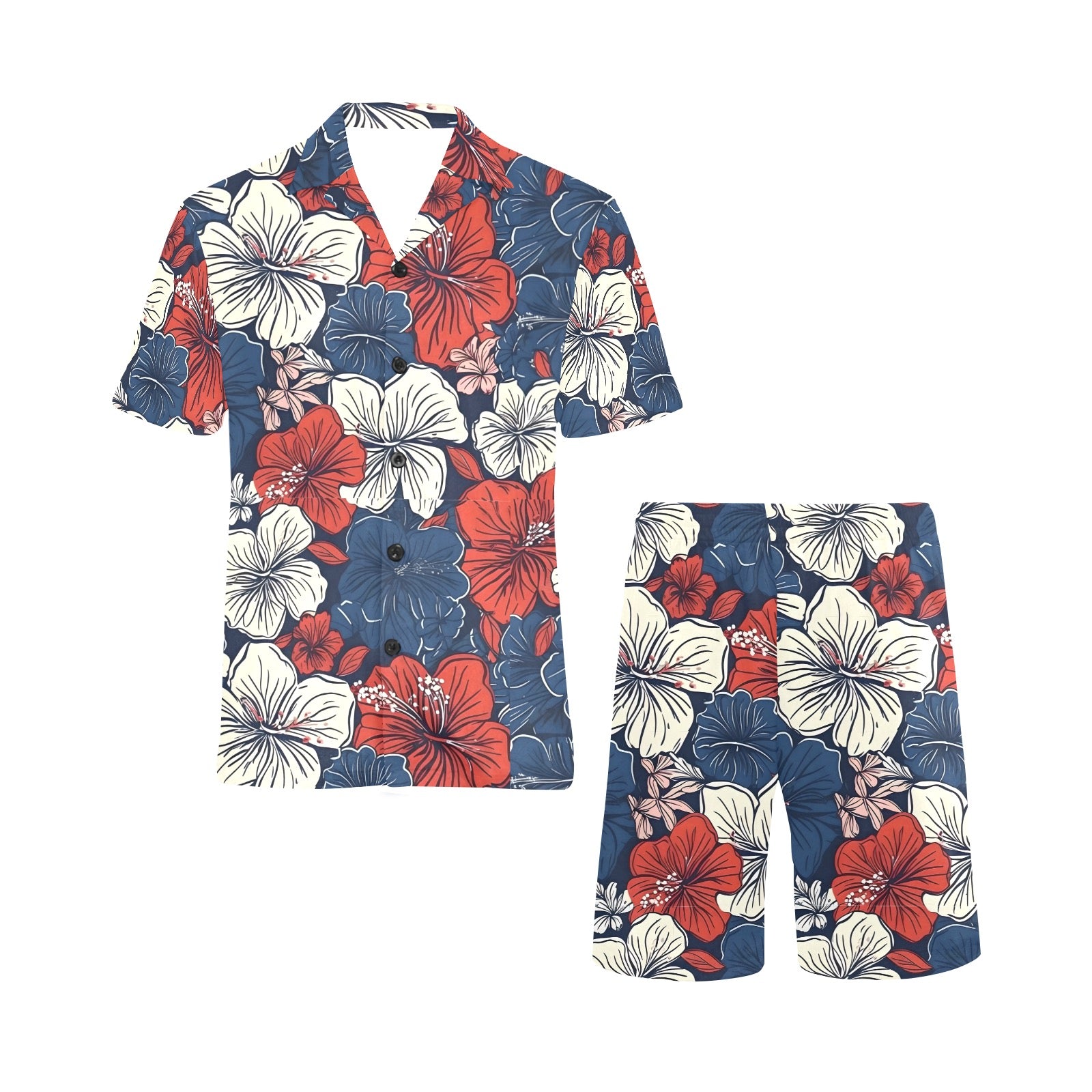 [Brand] floral set with red, blue, white hibiscus pattern.