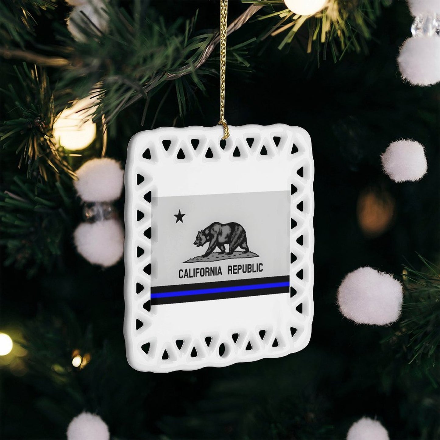 Thin Blue Line California Flag Inspired Square Ceramic Ornament (Made in the USA)