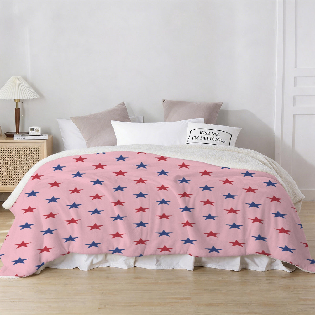 USA/American Flag Inspired Red and Blue Stars on Pink Sherpa Fleece Blanket 90" x 108" | Prtinted in the USA