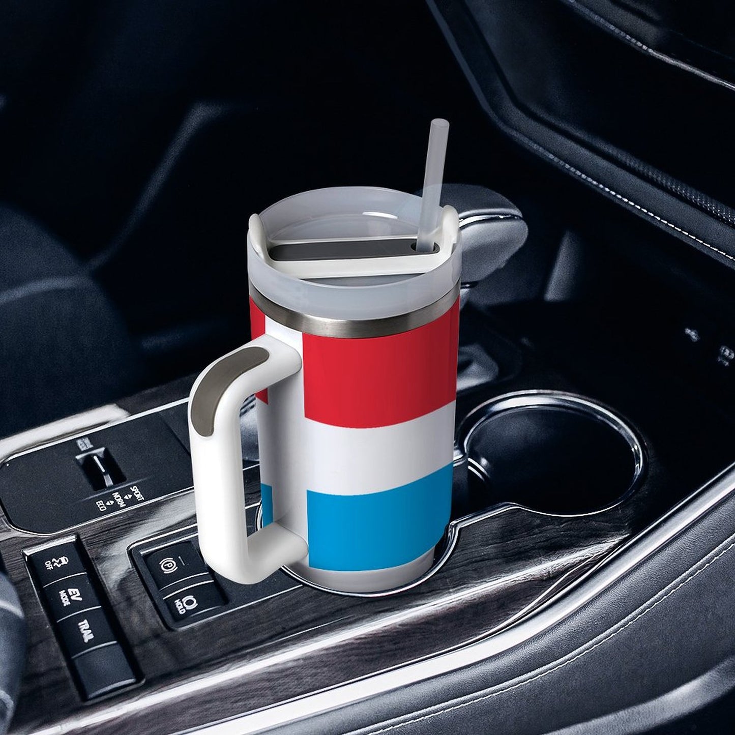 [Brand] thermal mug with red, white, blue stripes in car.