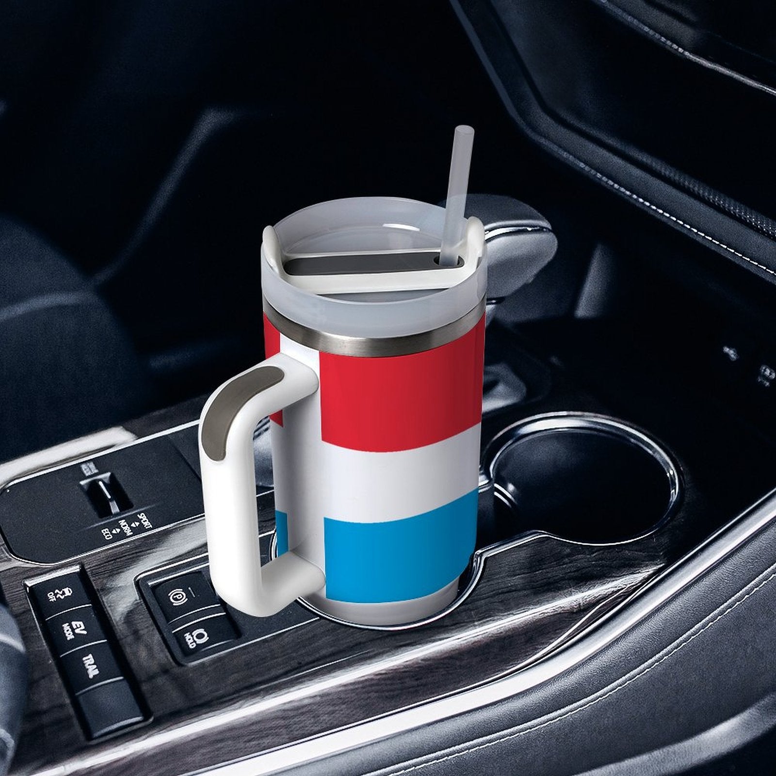 [Brand] thermal mug with red, white, blue stripes in car.
