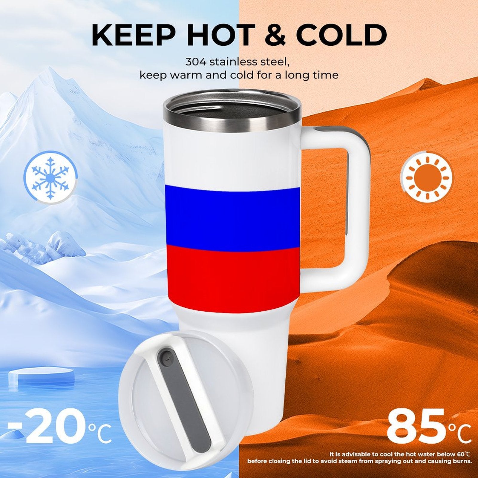 [Brand] mug with insulating design, keeps drinks hot or cold.
