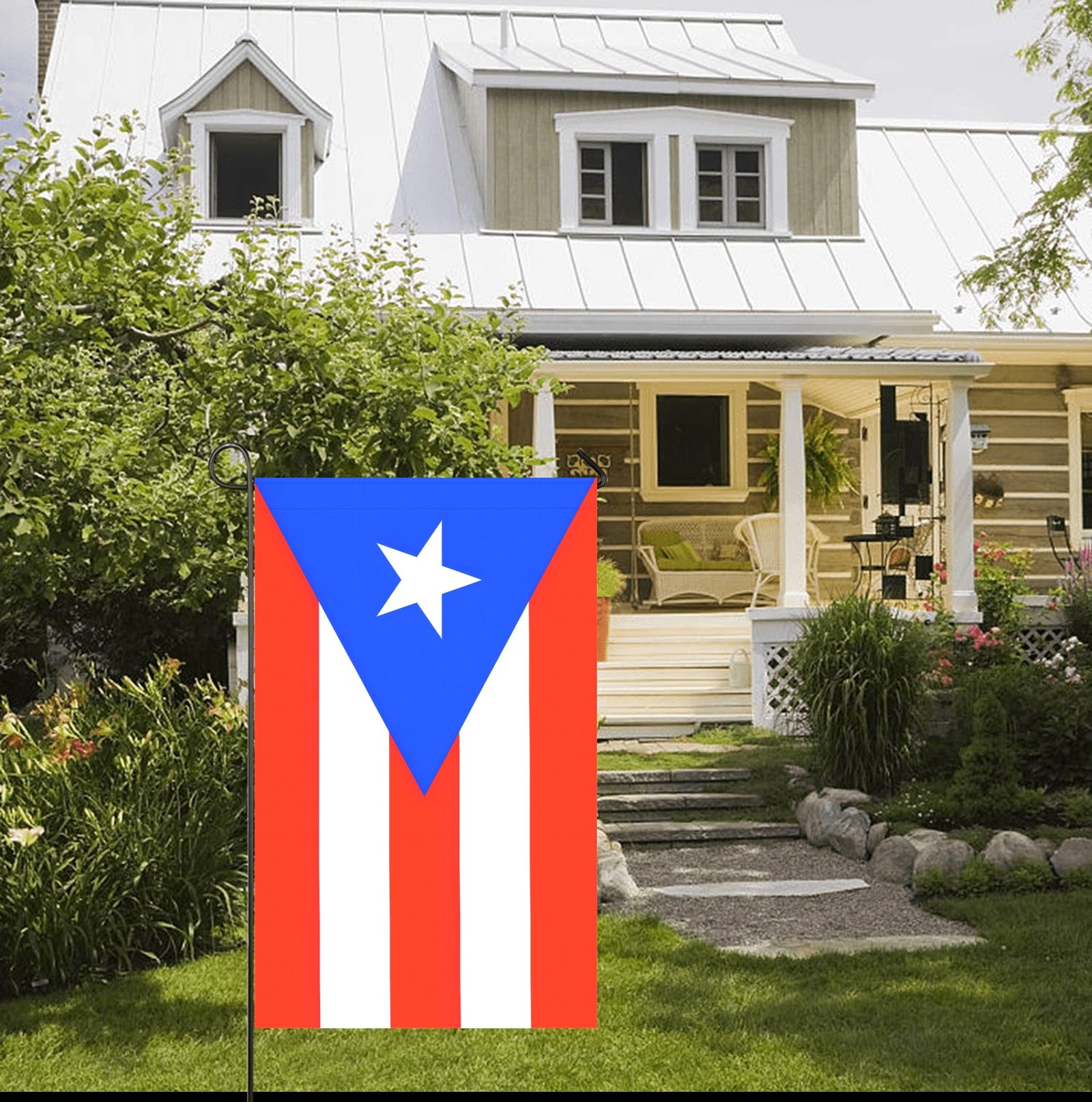 Luv My Flag Puerto Rican flag displayed outside charming house.