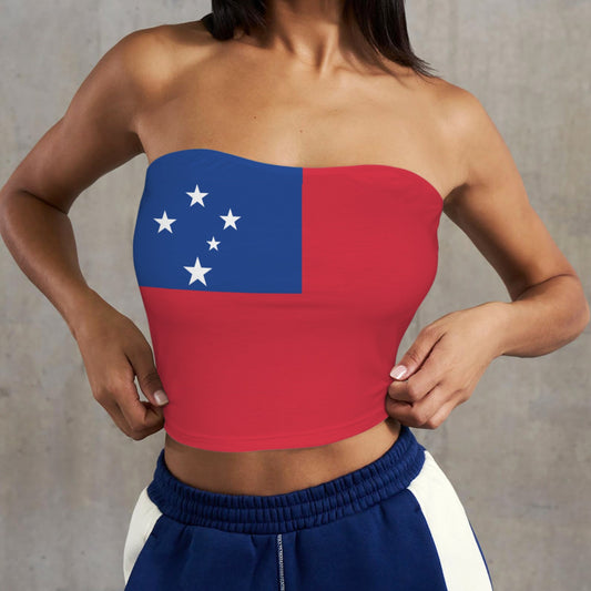 Person wearing [Brand] top featuring Samoa flag design.